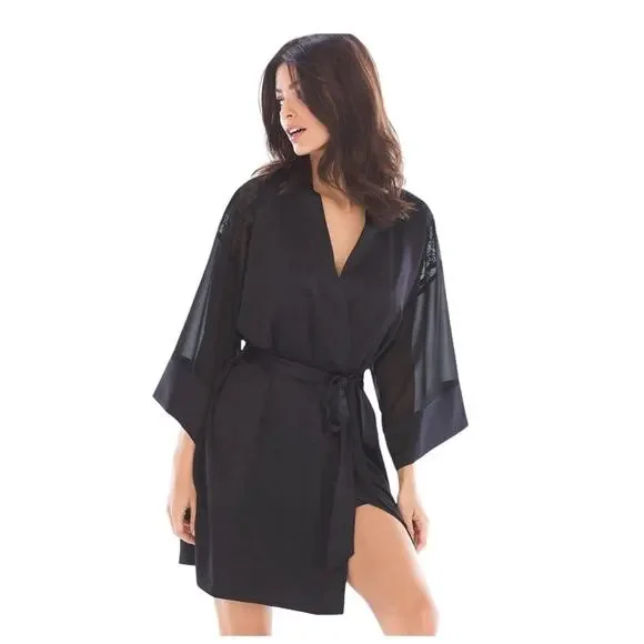 SOMA Black Sheer Chiffon Satin Sleeves Short Robe Kimono SZ L/XL Sensual Classic